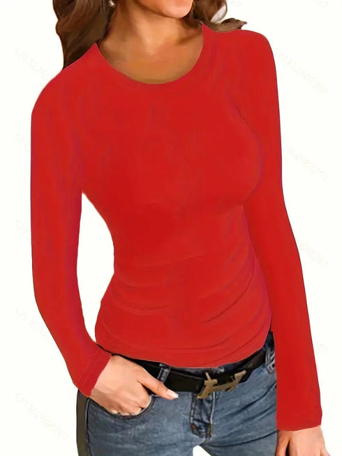 Fitted Crew Neck Top with Long Sleeves and Ribbed Texture