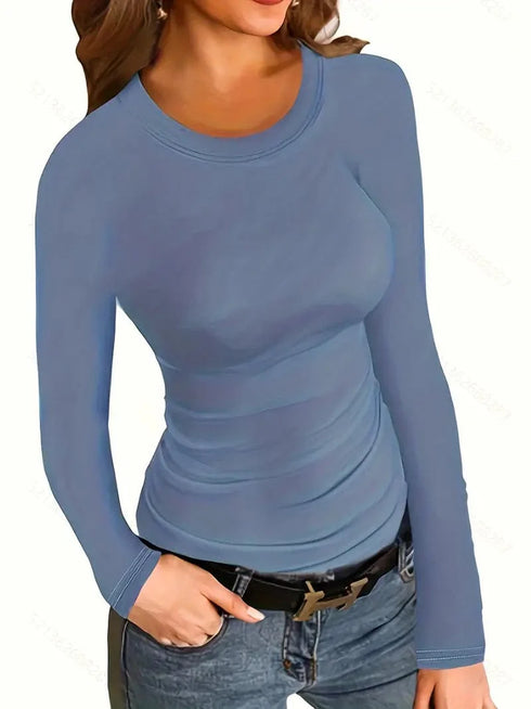 Fitted Crew Neck Top with Long Sleeves and Ribbed Texture