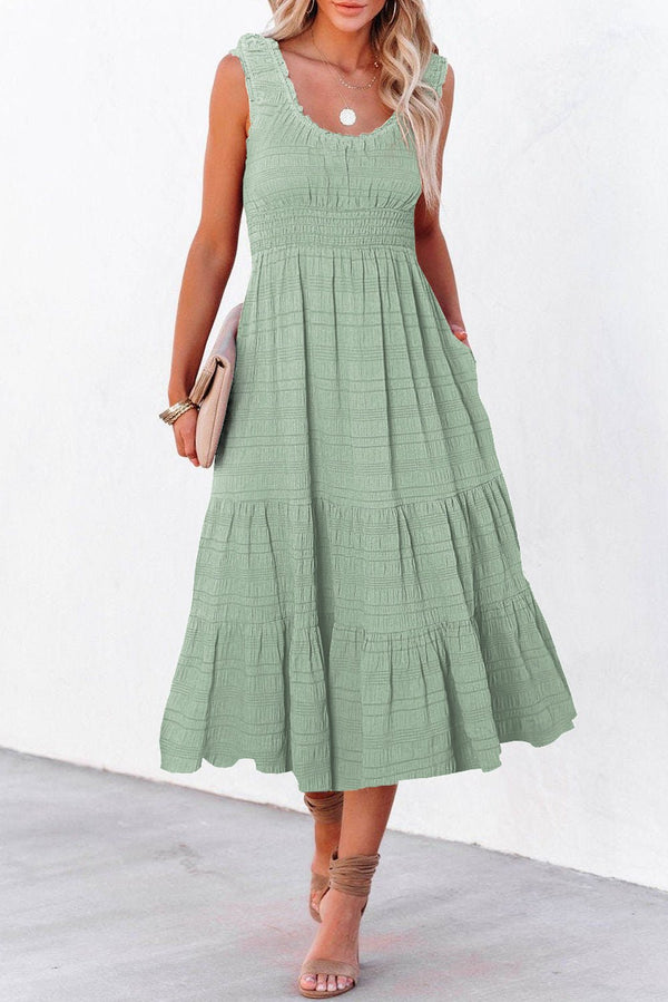 Women's Flattering Women's Sleeveless Green Midi Dress with Square Neckline and Shirred Pleats - Perfect Summer Style