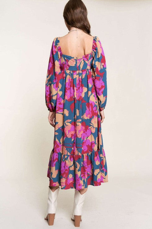 Floral Bliss Square Neck High Waist Midi Dress
