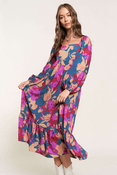 Floral Bliss Square Neck High Waist Midi Dress