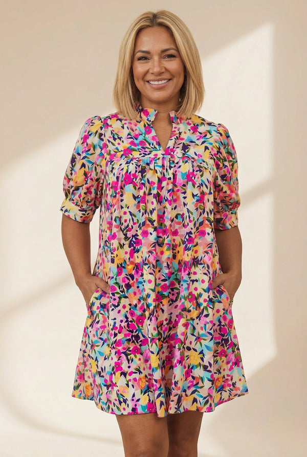 Women's Floral Mandarin Collar Mini Dress with Puff Sleeves