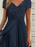 Floral Navy Blue Chiffon Party Dress with V-Neck and Ruched Details
