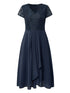 Floral Navy Blue Chiffon Party Dress with V-Neck and Ruched Details