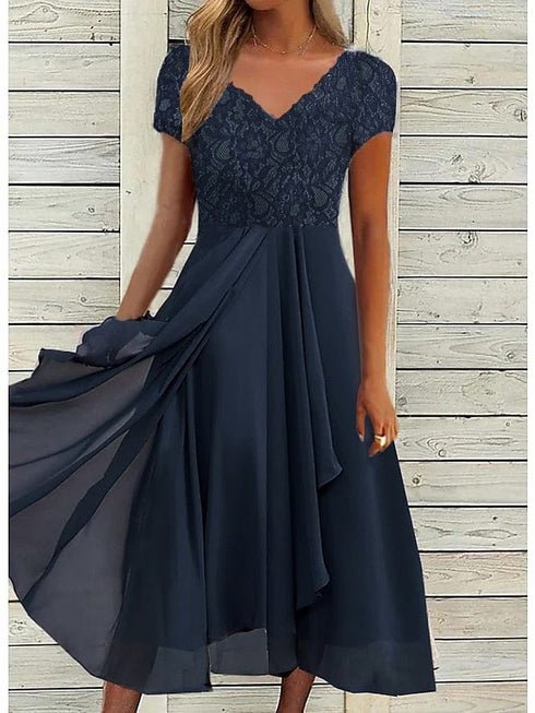 Floral Navy Blue Chiffon Party Dress with V-Neck and Ruched Details