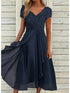 Floral Navy Blue Chiffon Party Dress with V-Neck and Ruched Details