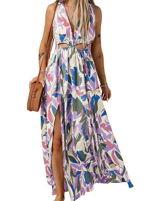 Floral Print Backless High Slit Maxi Skirt Dress