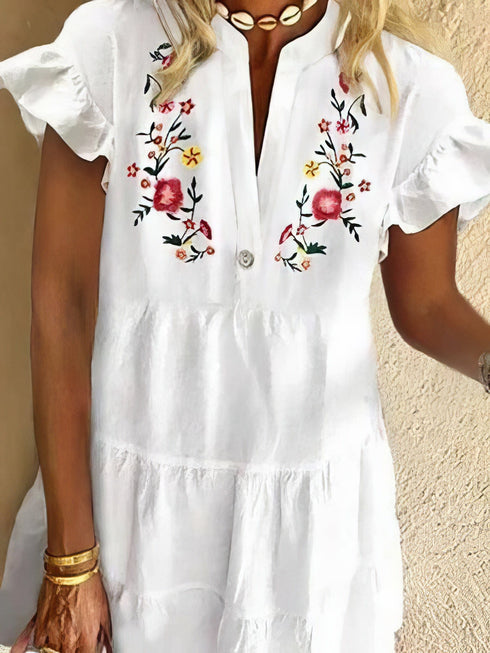 Floral Print Fringed V-neck Mini Dress