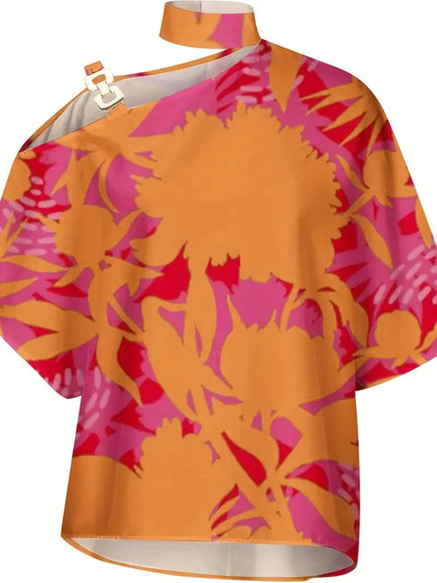 Floral Print Halter Batwing Sleeve Women's Blouse for Summer