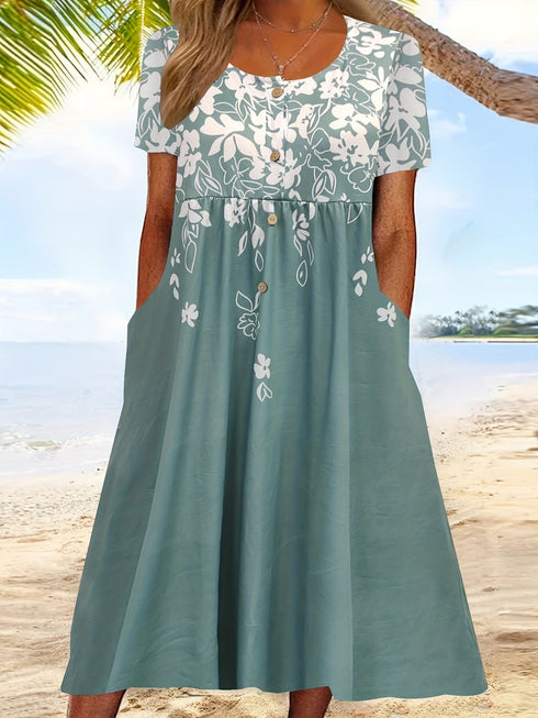 Floral Print Plus Size Dress with Short Sleeves and Pockets