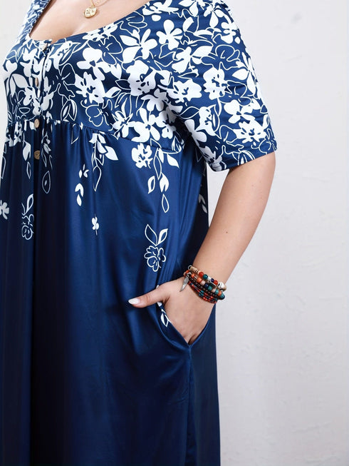 Floral Print Plus Size Dress with Short Sleeves and Pockets