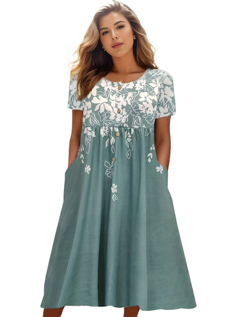 Floral Print Plus Size Dress with Short Sleeves and Pockets