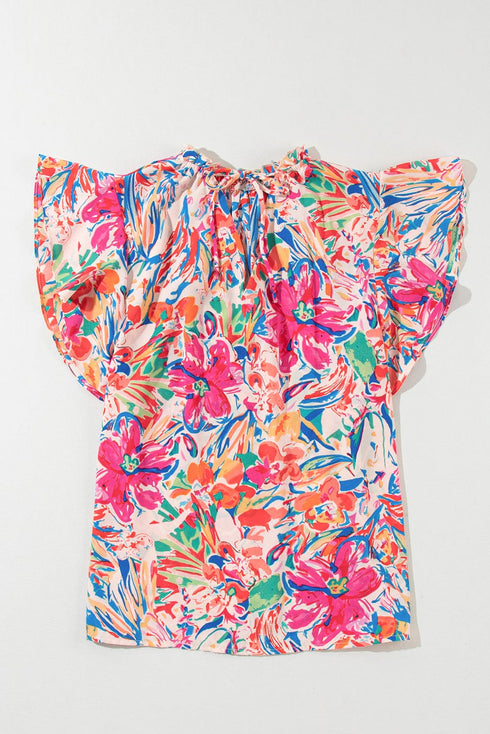 Floral Print Ruffle Sleeve V Neck Summer Top