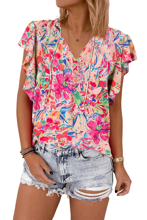 Floral Print Ruffle Sleeve V Neck Summer Top