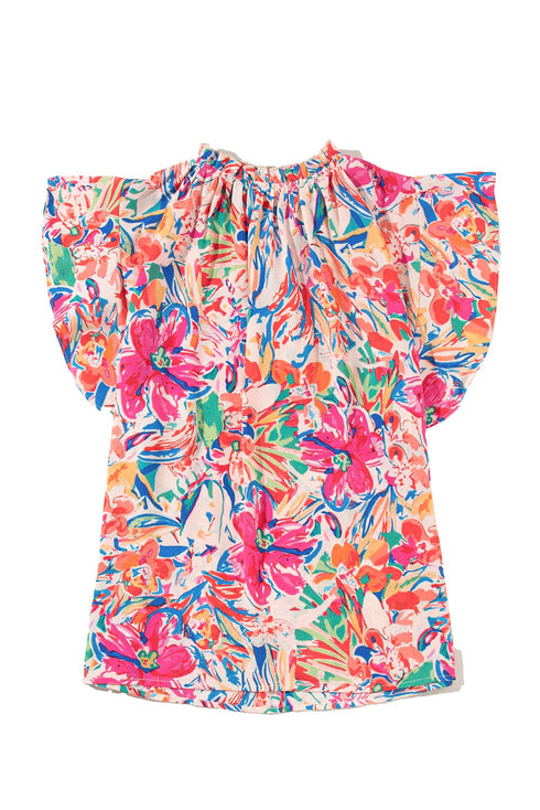 Floral Print Ruffle Sleeve V Neck Summer Top
