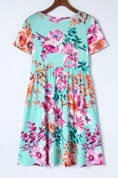 Floral Print Sky Blue T-shirt Dress with High Waist