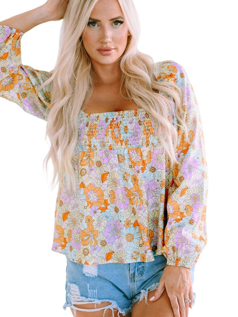 Floral Print Square Neck Puff Sleeve Babydoll Top