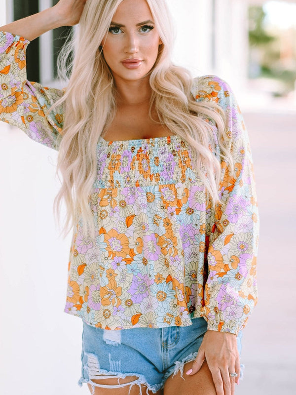 Floral Print Square Neck Puff Sleeve Babydoll Top