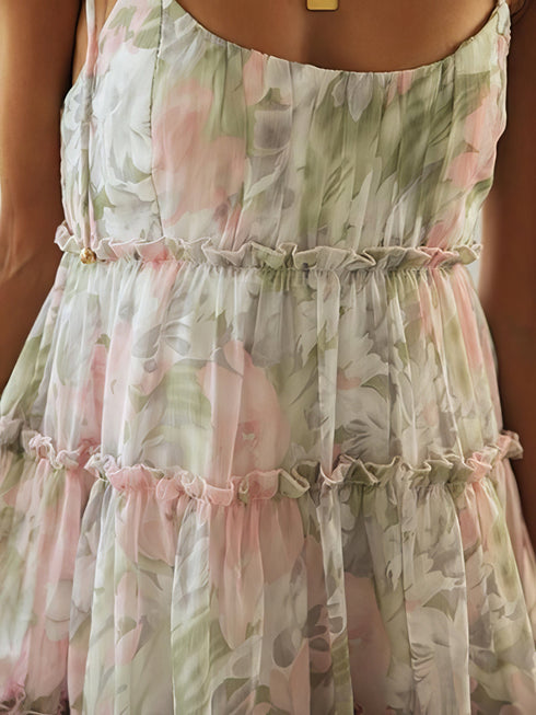 Floral Print Suspender Chiffon Seaside Beach Dress
