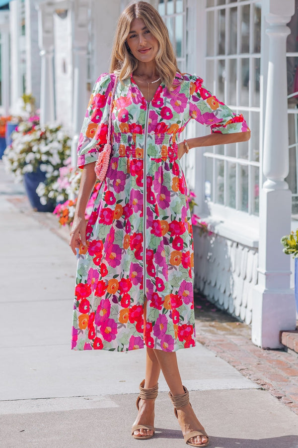 Floral Print V-Neck Zip-Up Half Sleeve Dress for Women - Stylish, Vibrant Rose Design for a Flattering Fit