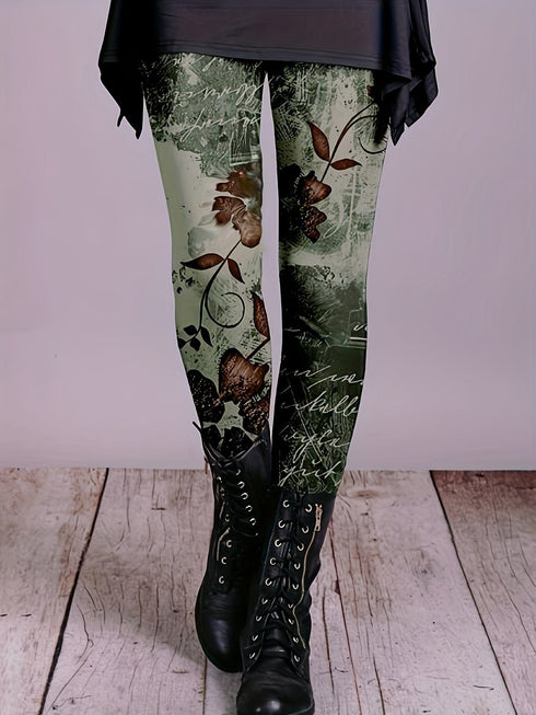 Floral Printed Elastic Waist Stretchy Leggings Pants