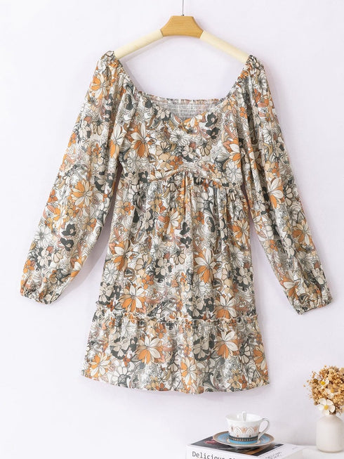 Floral Printed Puff Sleeve A-Line Mini Dress with Smocked Back