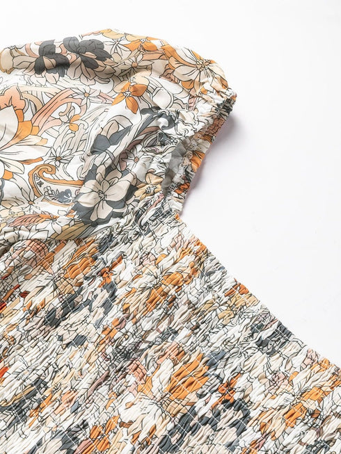 Floral Printed Puff Sleeve A-Line Mini Dress with Smocked Back