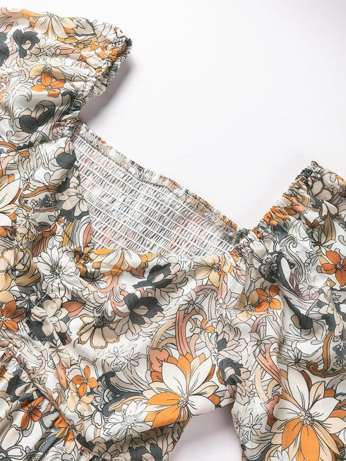 Floral Printed Puff Sleeve A-Line Mini Dress with Smocked Back