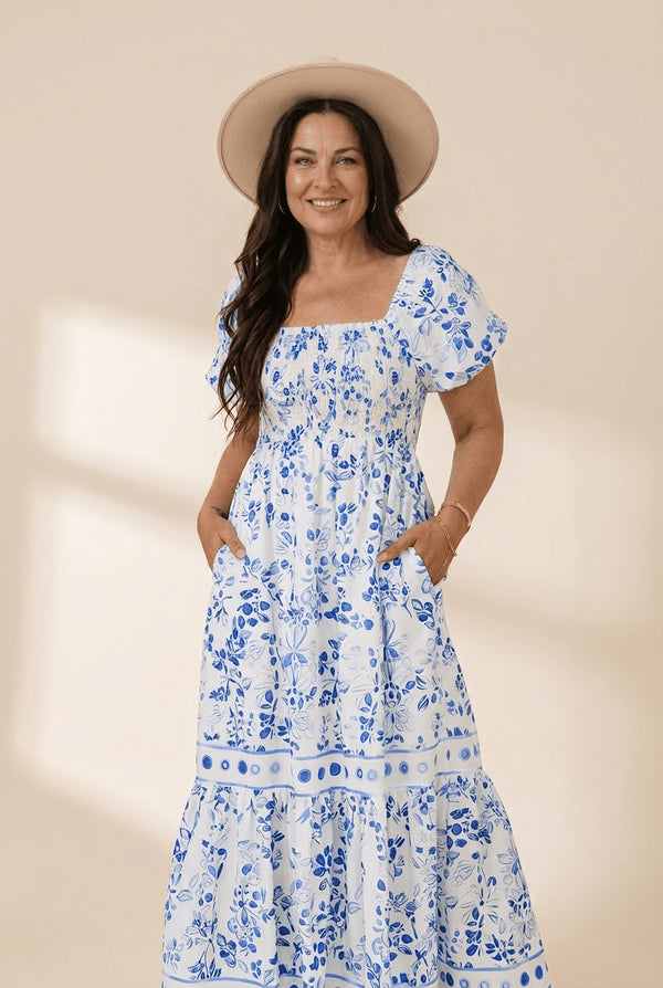 Women's Floral Smocked Maxi Dress with Puff Sleeves in Sky Blue