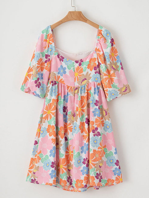 Floral Square Neck Puff Sleeve Pink Babydoll Mini Dress