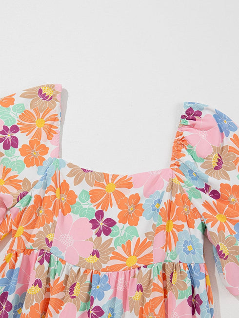 Floral Square Neck Puff Sleeve Pink Babydoll Mini Dress