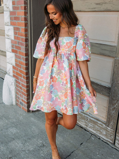 Floral Square Neck Puff Sleeve Pink Babydoll Mini Dress