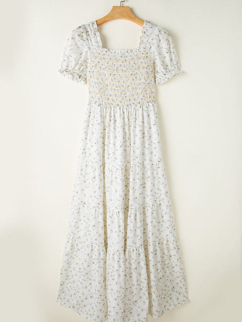 Floral Tiered White Maxi Dress with Shirred Bodice