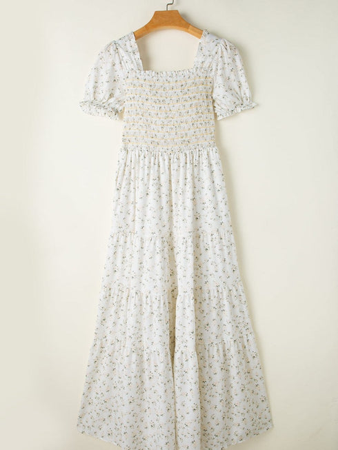 Floral Tiered White Maxi Dress with Shirred Bodice