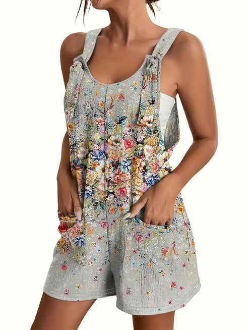 Flowery Print Jumpsuit with Pockets, Sleeveless Casual Romper for Women