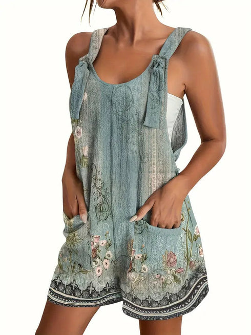 Flowery Print Jumpsuit with Pockets, Sleeveless Casual Romper for Women