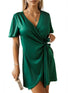 Flowing Short-Sleeved Dress with Draped Neckline in Solid Colors