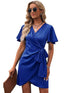 Flowing Short-Sleeved Dress with Draped Neckline in Solid Colors