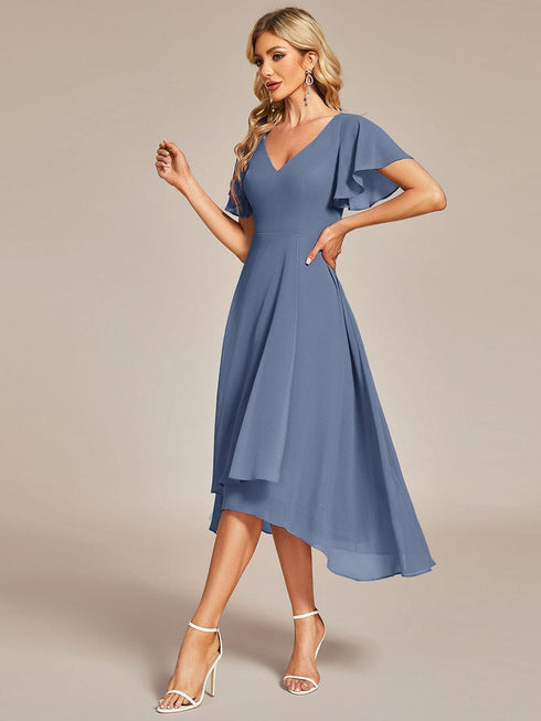 Flowy Chiffon High Low Evening Gown with Ruffle Details