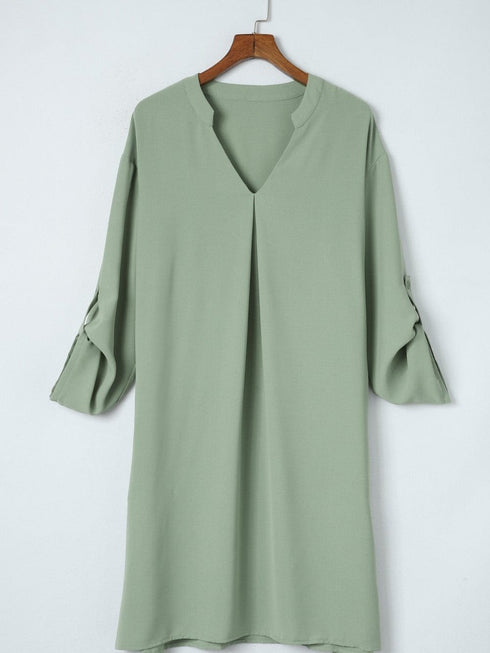Flowy Green V-Neck Casual Dress with Roll-Tab Sleeves