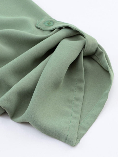 Flowy Green V-Neck Casual Dress with Roll-Tab Sleeves