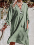 Flowy Green V-Neck Casual Dress with Roll-Tab Sleeves
