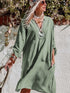 Flowy Green V-Neck Casual Dress with Roll-Tab Sleeves