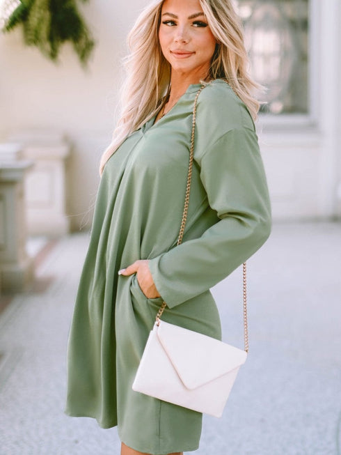 Flowy Green V-Neck Casual Dress with Roll-Tab Sleeves