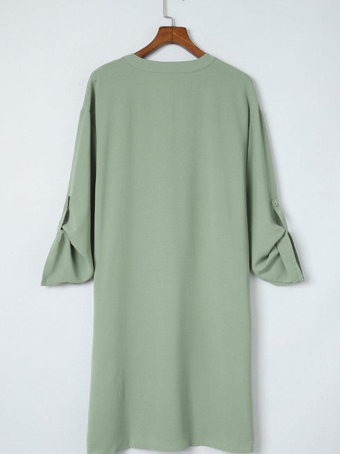 Flowy Green V-Neck Casual Dress with Roll-Tab Sleeves