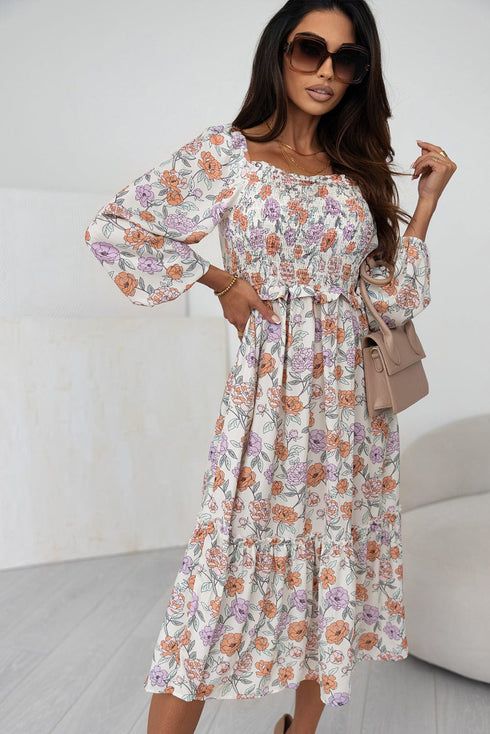 Flowy V-neck Printed Belted Holiday Dress