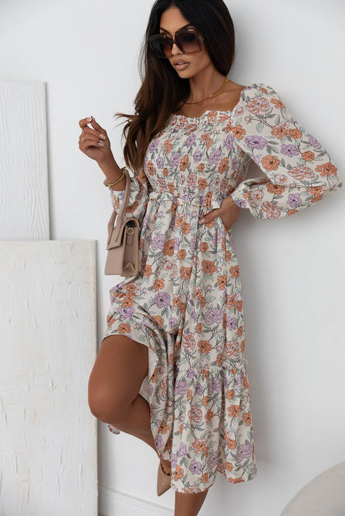 Flowy V-neck Printed Belted Holiday Dress