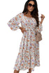 Flowy V-neck Printed Belted Holiday Dress