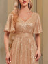 Flutter Sleeve Sequin A-line Dress with V Neck and Floor Length Hem - Women's Fashion