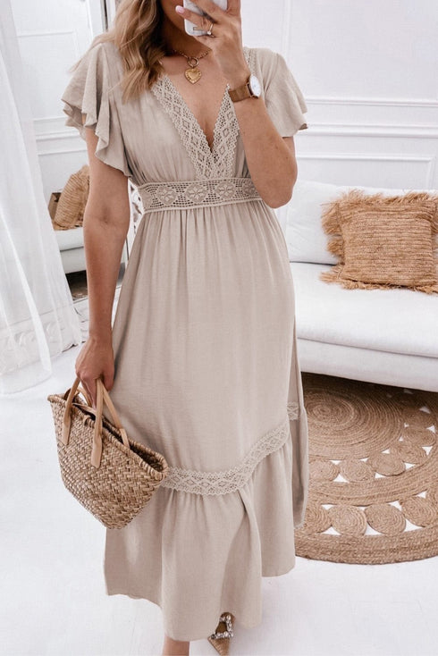 Flying Sleeves V-neck Open Back Solid Long Flowy Dress